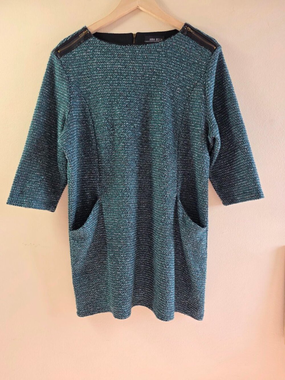 Anna Bella Teal Textured Tunic Shift Mini-Dress W/Shoulder Zippers & Pockets XL